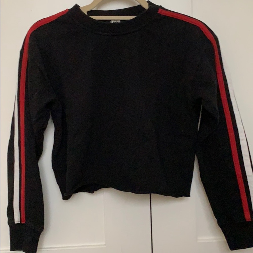 Black sweatshirt with stripes on sleeves